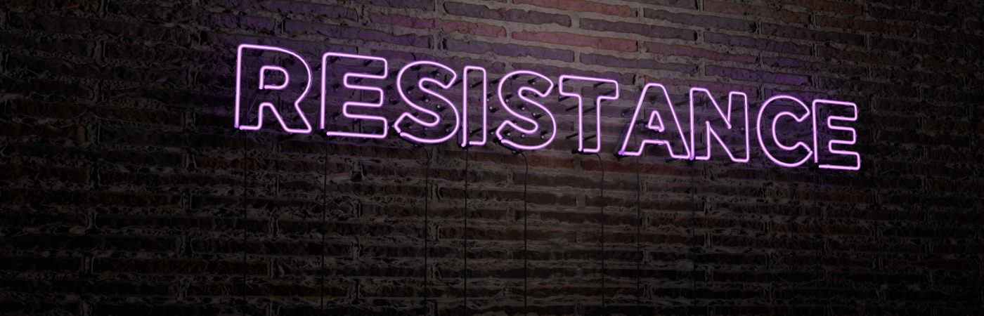 RESISTANCE -Realistic Neon Sign on Brick Wall background - 3D rendered royalty free stock image. Can be used for online banner ads and direct mailers.